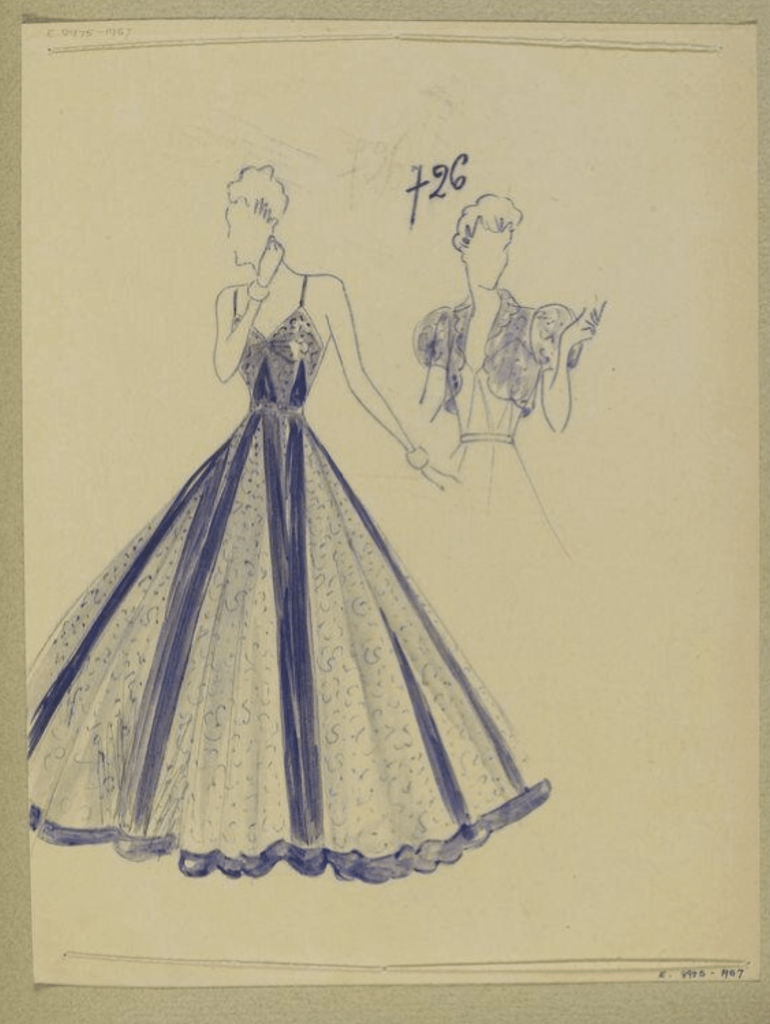 Prussian blue lace crinoline evening gown with bolero.One of 277 dress designs for Summer 1939 bound in volume.